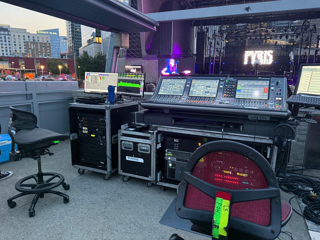 Front of house mix position with a Stealth chair at a live show