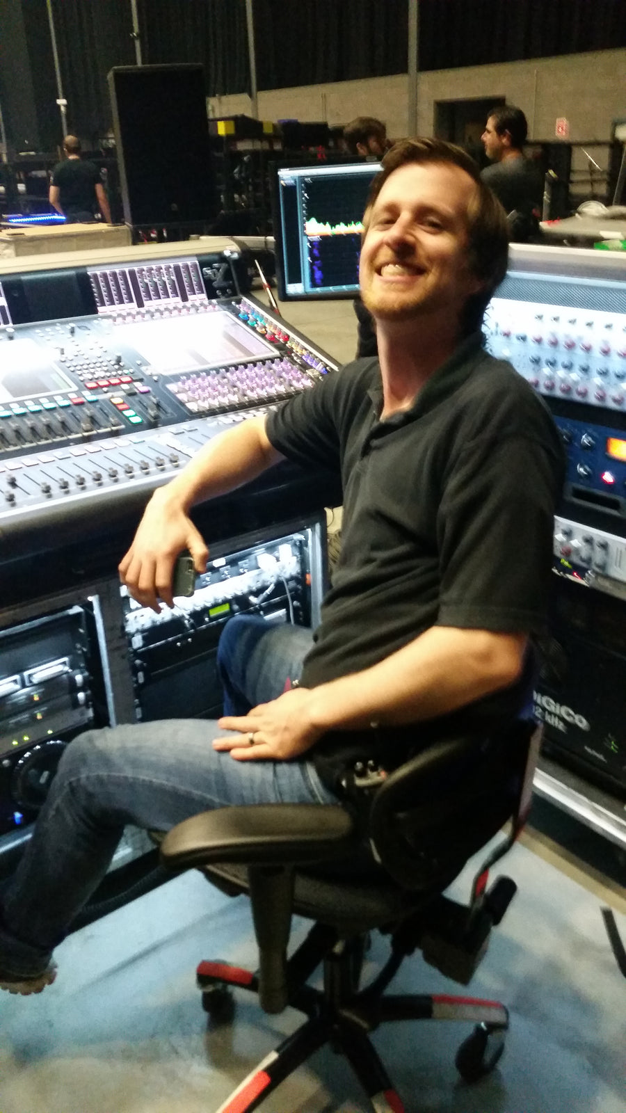 David Payne, Front of house, TS Tour, 2015, in a Stealth chair